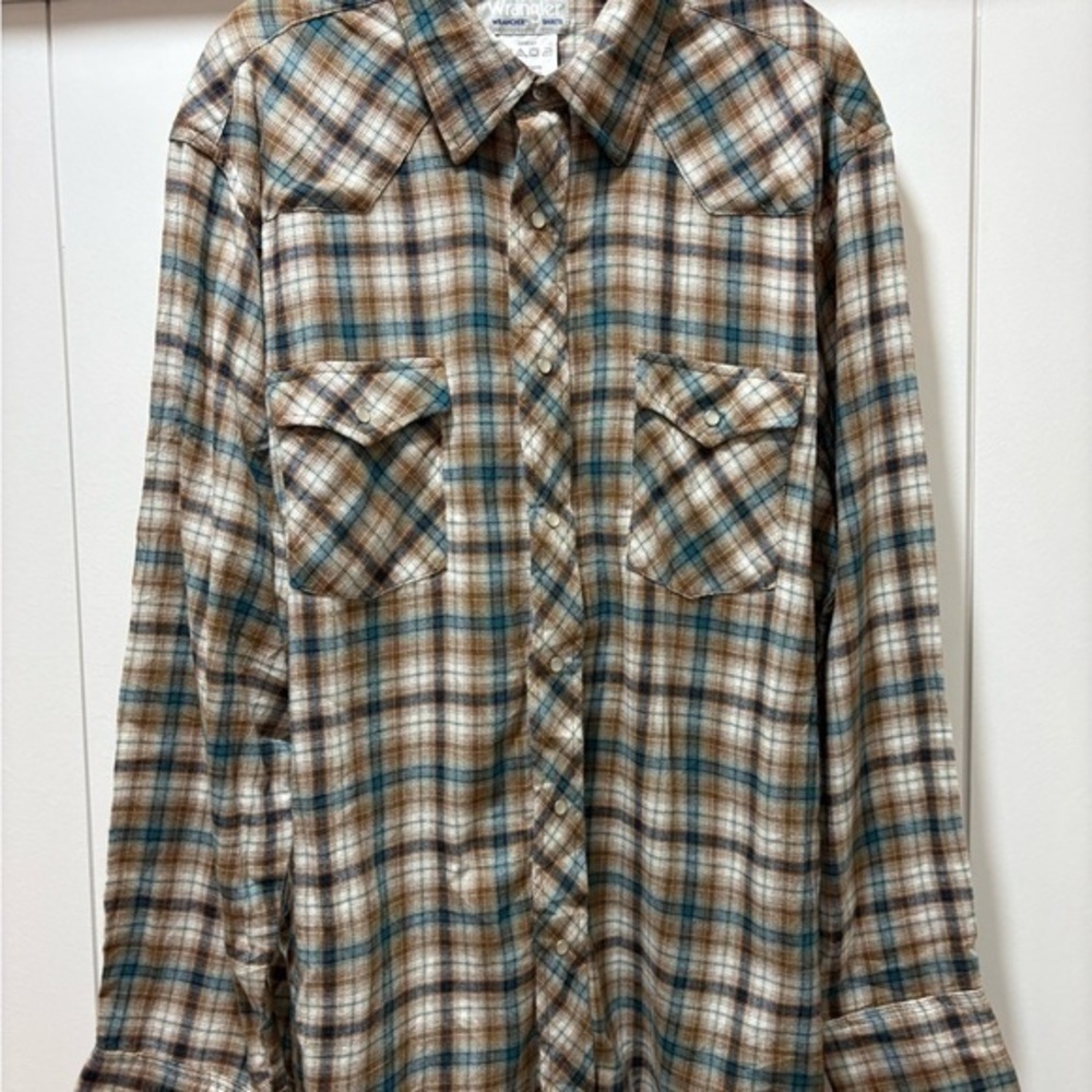 Wrangler Shirt Size XL Brown Long Sleeve Plaid Pearl Snap Western Button Up VTG